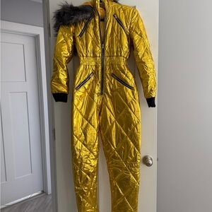 Gold Quilted Jumpsuit with Fur Trim